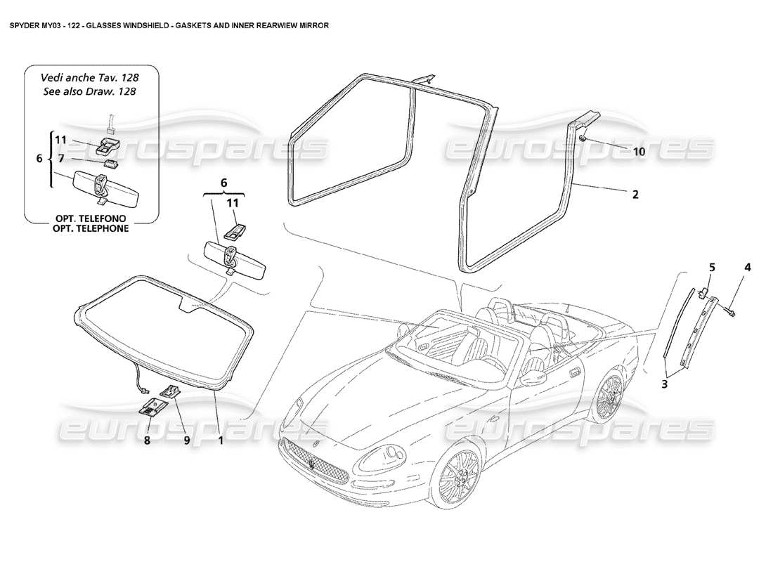 maserati 4200 spyder (2003) glass windshield - gaskets and inner rear view mirror part diagram