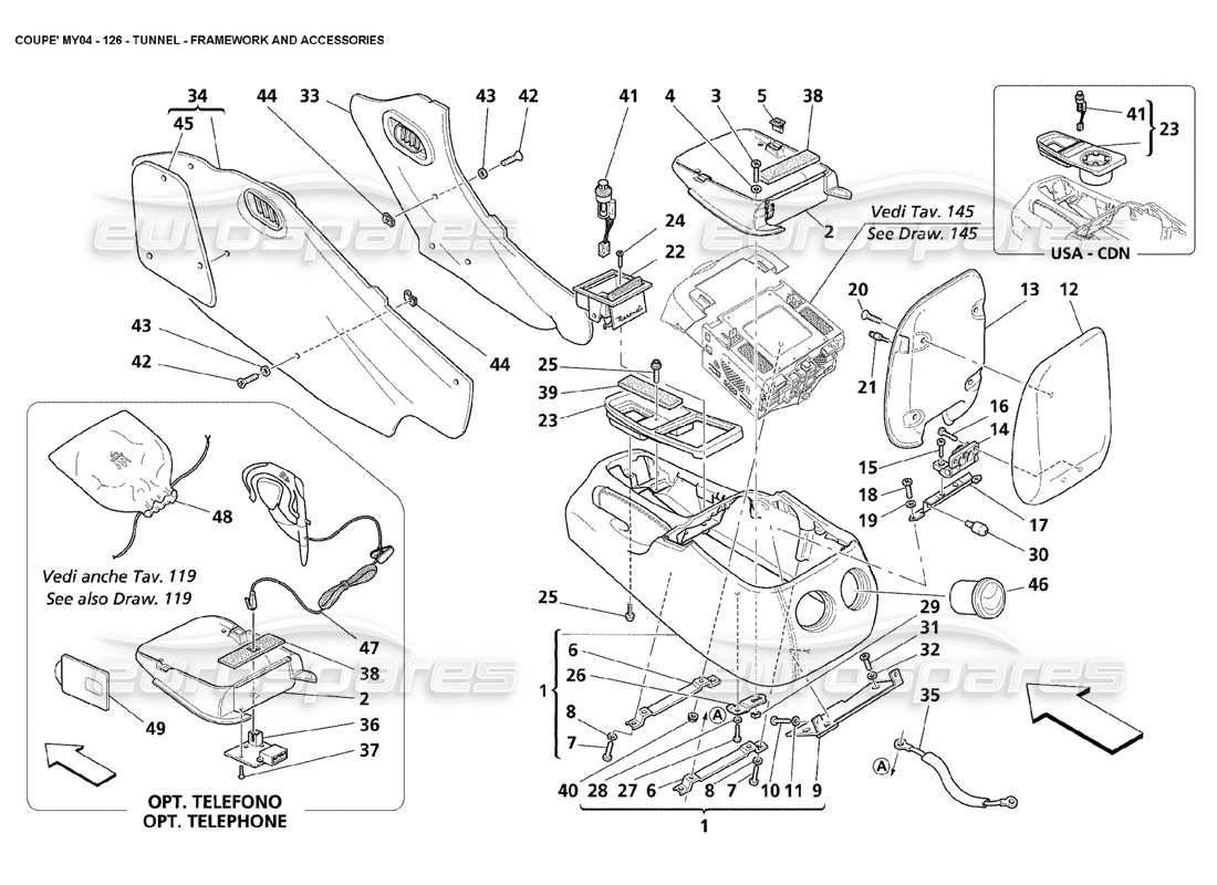 maserati 4200 coupe (2004) tunnel framework and accessories part diagram