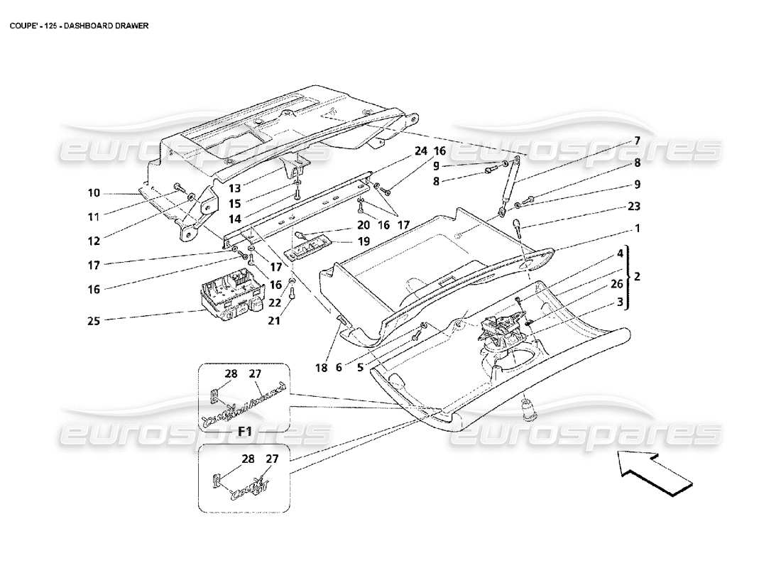 maserati 4200 coupe (2002) dashboard drawer part diagram