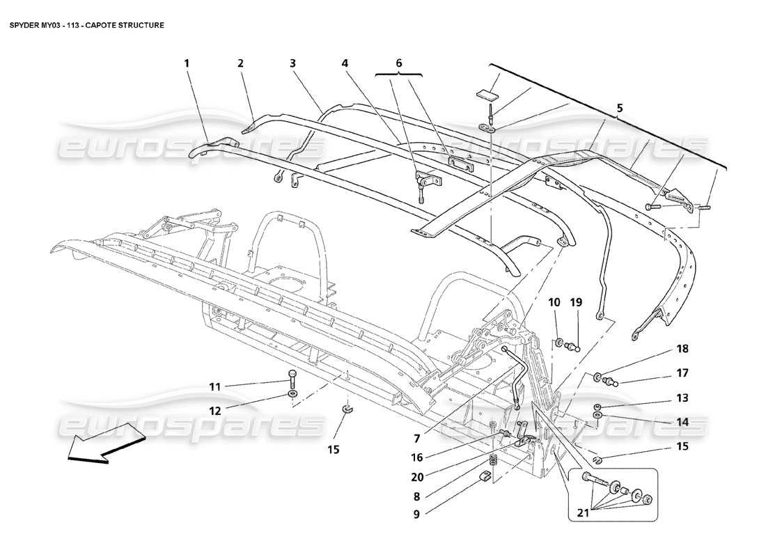 maserati 4200 spyder (2003) capote structure part diagram