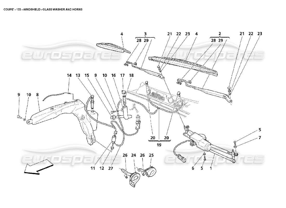 maserati 4200 coupe (2002) windshield - glass washer and horns part diagram