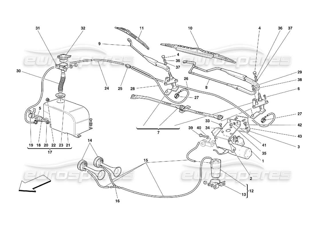 ferrari 456 m gt/m gta windshield wiper, washer and horns part diagram