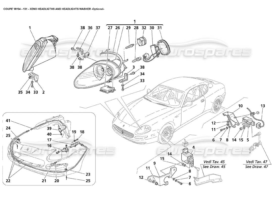 maserati 4200 coupe (2004) xeno headligths and headlights washer optional part diagram