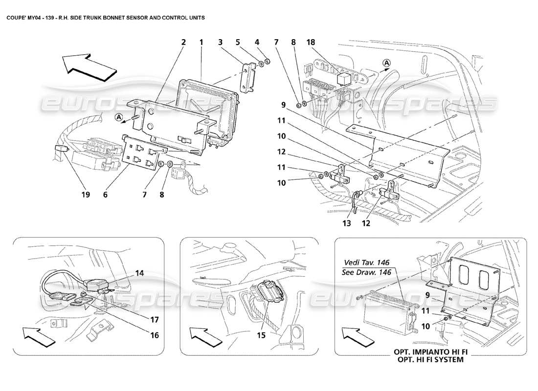 maserati 4200 coupe (2004) rh side trunk bonnet sensor and control units part diagram