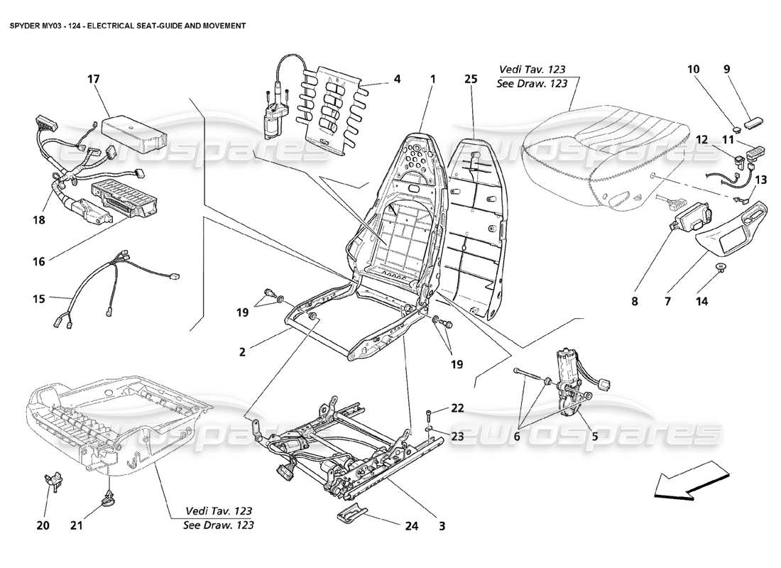 maserati 4200 spyder (2003) electrical seat - guide and movement part diagram