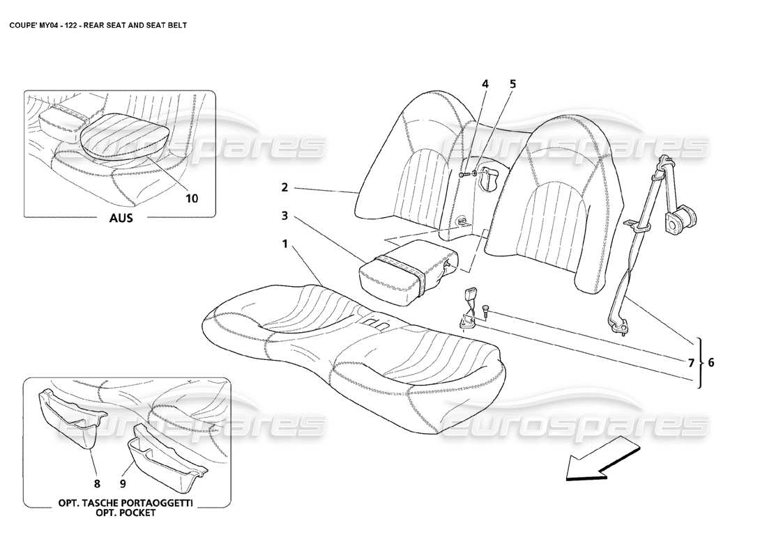 maserati 4200 coupe (2004) rear seat and seat belt part diagram