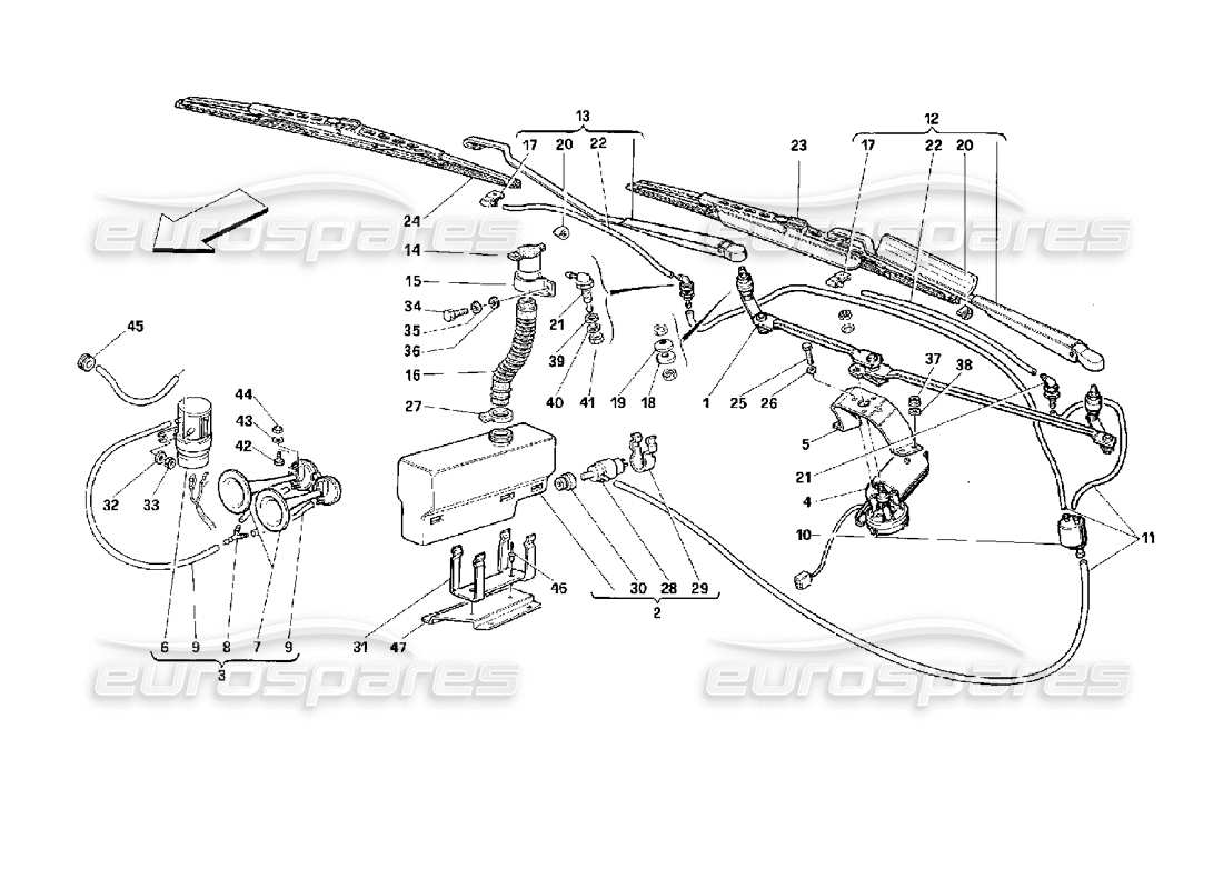 ferrari 512 m windshield wiper, washer and horns part diagram