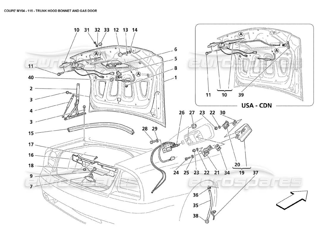 maserati 4200 coupe (2004) trunk hood bonnet and gas door part diagram