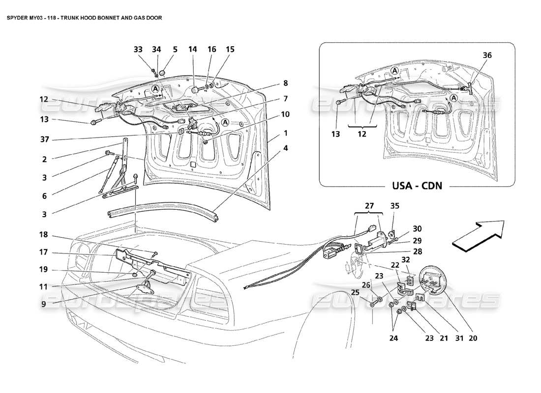 maserati 4200 spyder (2003) trunk hood bonnet and gas door part diagram