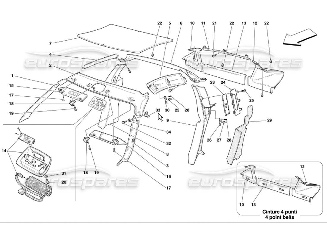 ferrari 360 modena roof panel upholstery and accessories part diagram