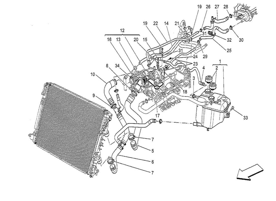 maserati qtp. v8 3.8 530bhp 2014 cooling system: nourice and lines part diagram