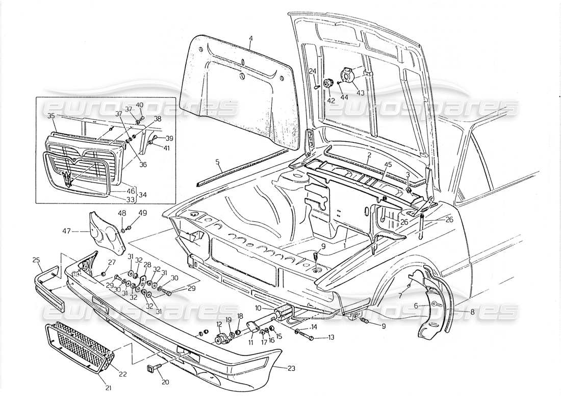 maserati 228 front bumper and sound proof felts part diagram