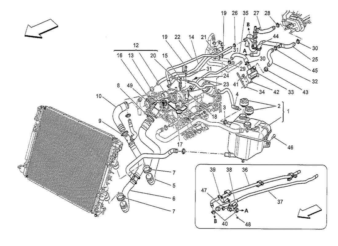 maserati qtp. v8 3.8 530bhp 2014 cooling system: nourice and lines part diagram