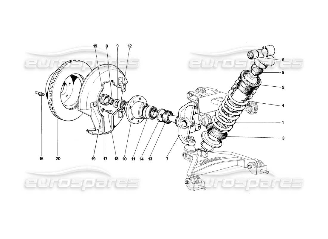 ferrari 308 (1981) gtbi/gtsi front suspension - shock absorber and brake disc part diagram