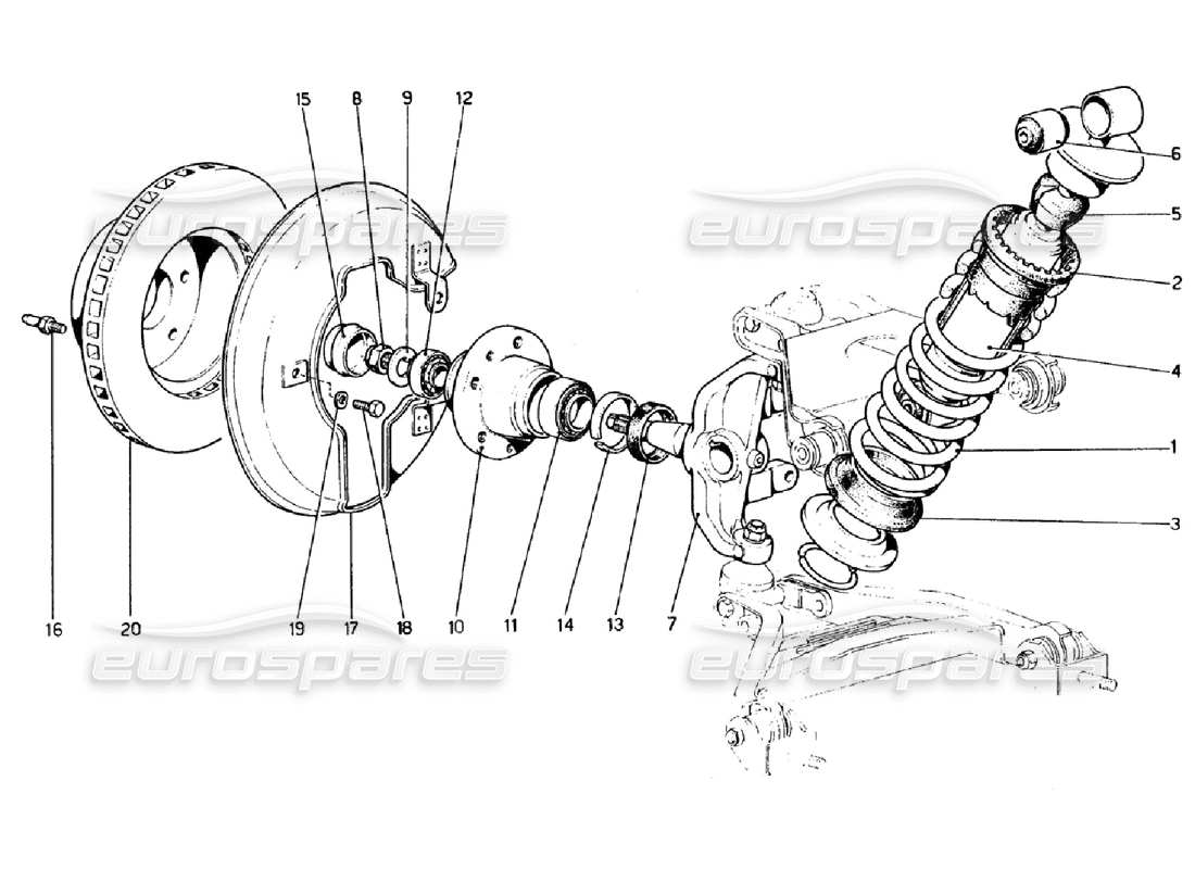 ferrari 308 gtb (1976) front suspension - shock absorber and brake disc part diagram