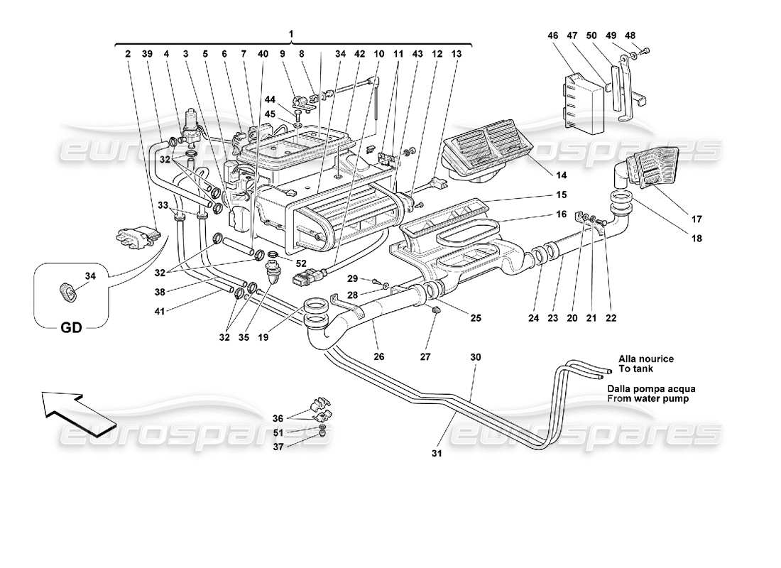 ferrari 355 (2.7 motronic) evaporator unit and passengers compartment aeration part diagram