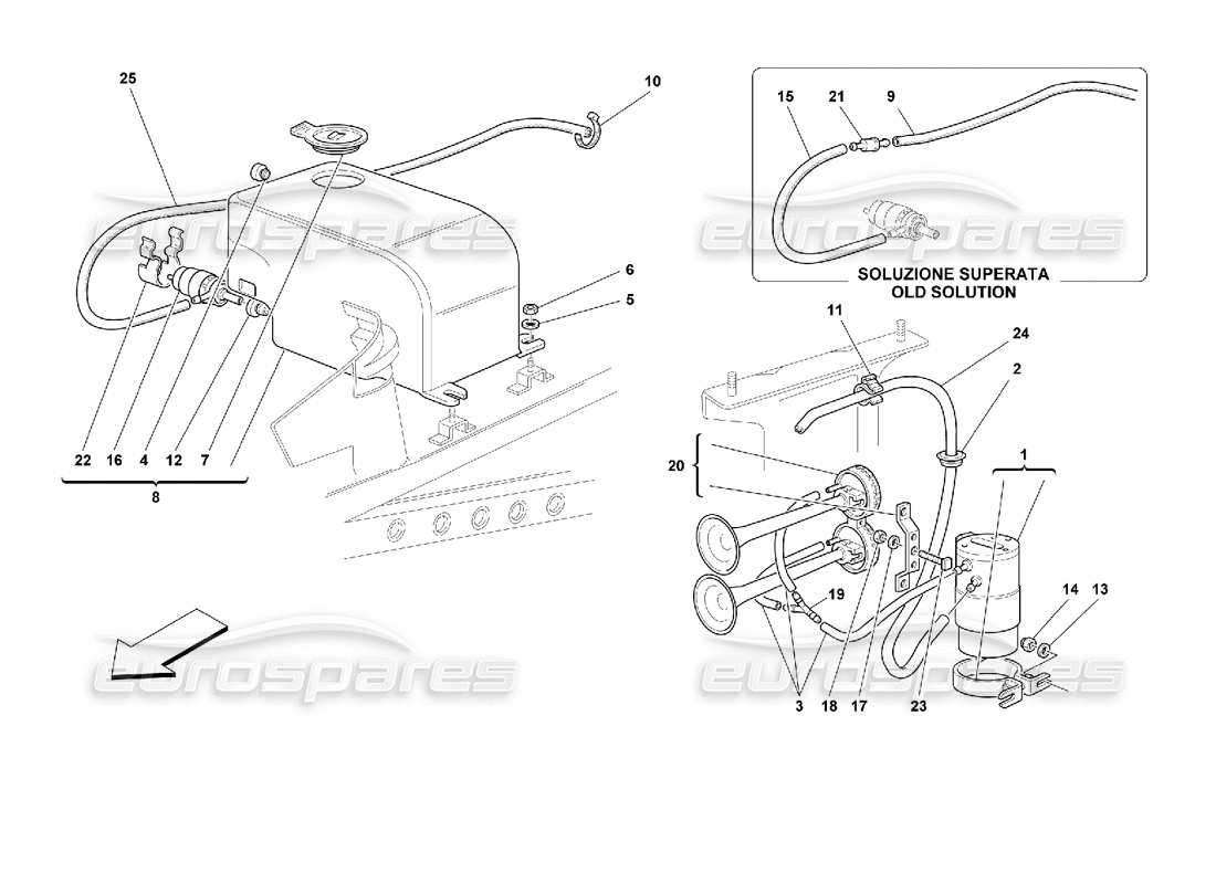 ferrari 355 (2.7 motronic) glass washer and horns part diagram