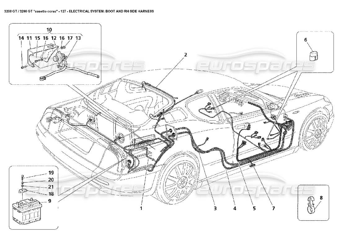 maserati 3200 gt/gta/assetto corsa electrical: boot & rh side harness part diagram