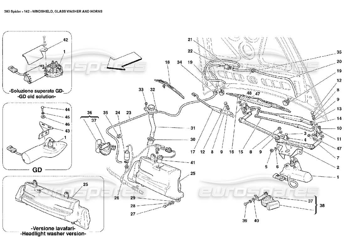 ferrari 360 spider windshield, glass washer and horns part diagram