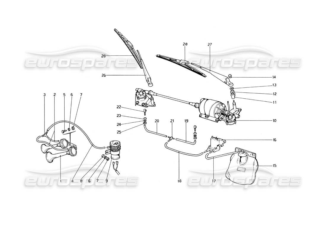 ferrari 246 dino (1975) windshield wiper, washer and horn part diagram