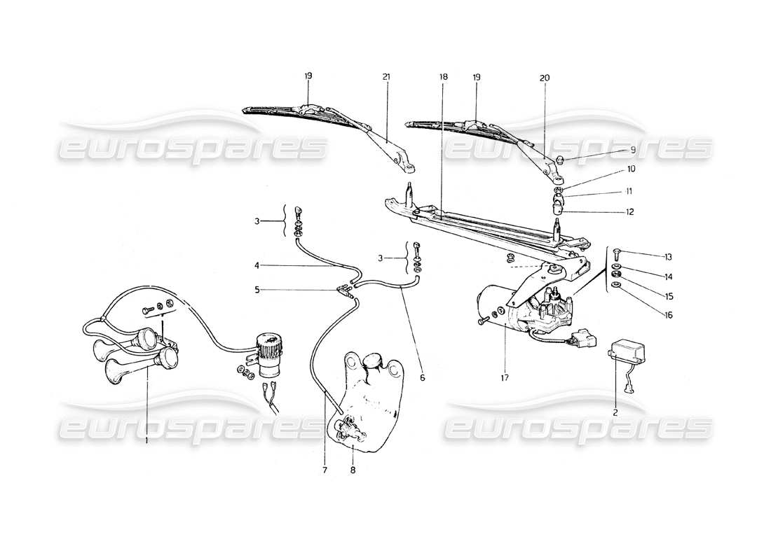 ferrari 308 gt4 dino (1979) windshield wiper, washer and horn part diagram