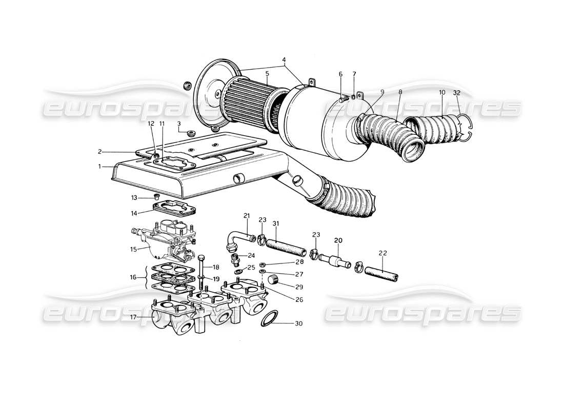 ferrari 246 dino (1975) air filter and manifolds part diagram