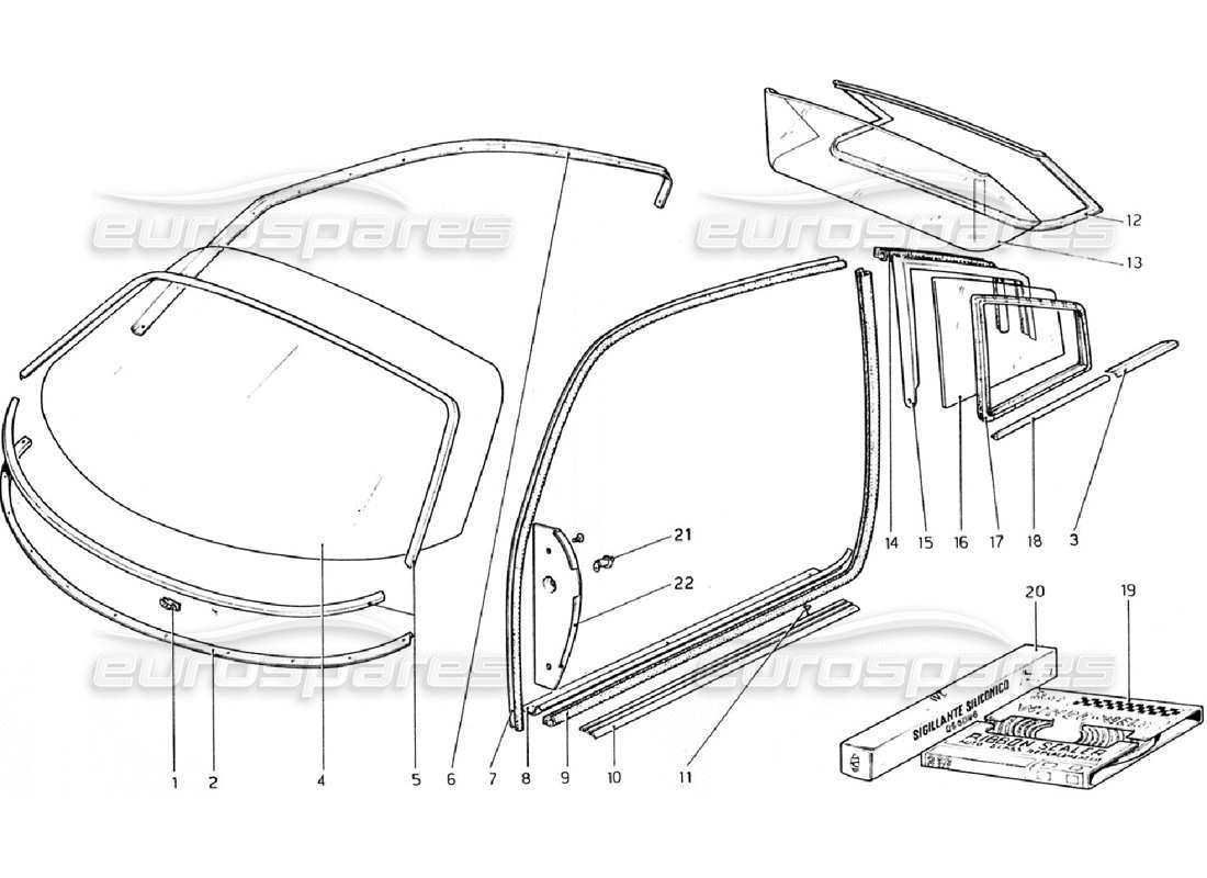 ferrari 308 gtb (1976) glasses part diagram