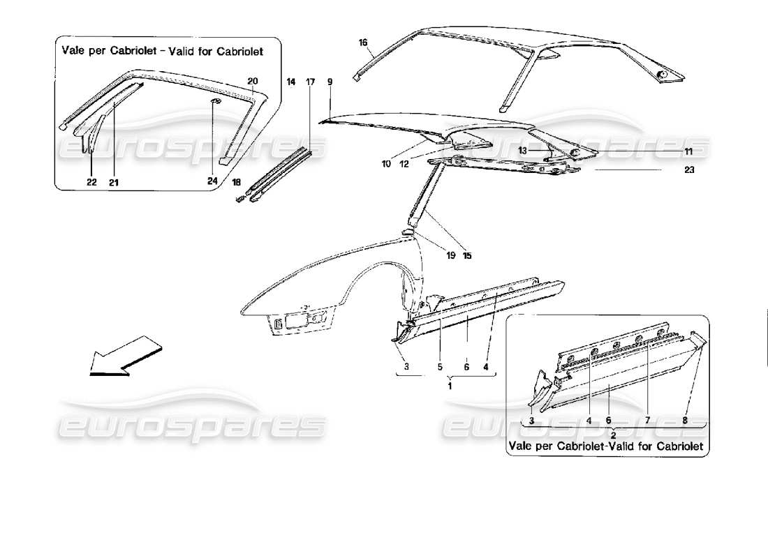 ferrari mondial 3.4 t coupe/cabrio body shell: outer elements - central part part diagram