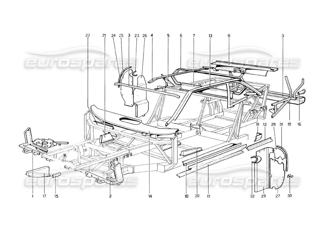 ferrari 308 gt4 dino (1979) body shell - inner elements part diagram