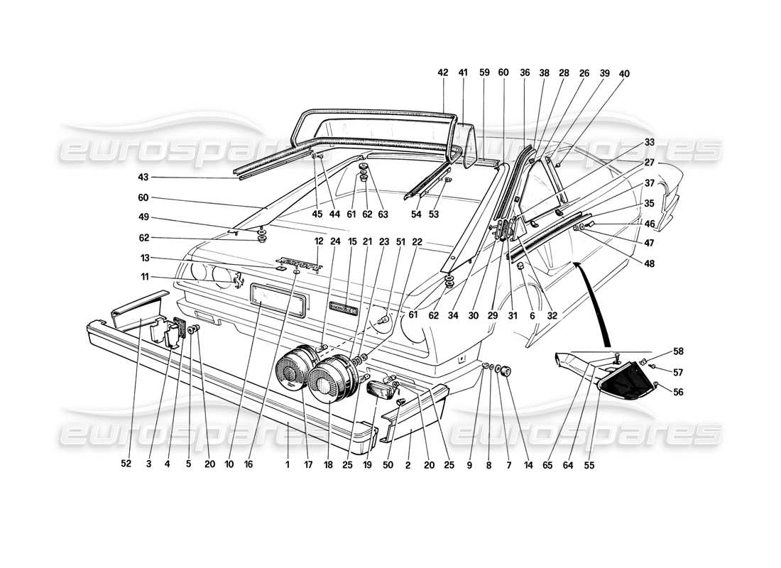 ferrari mondial 8 (1981) bumpers, lights and rear glasser part diagram