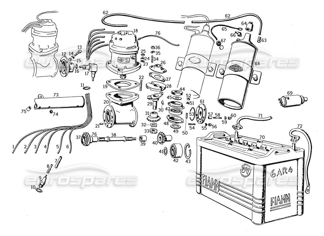 ferrari 250 gte (1957) ignition and battery part diagram