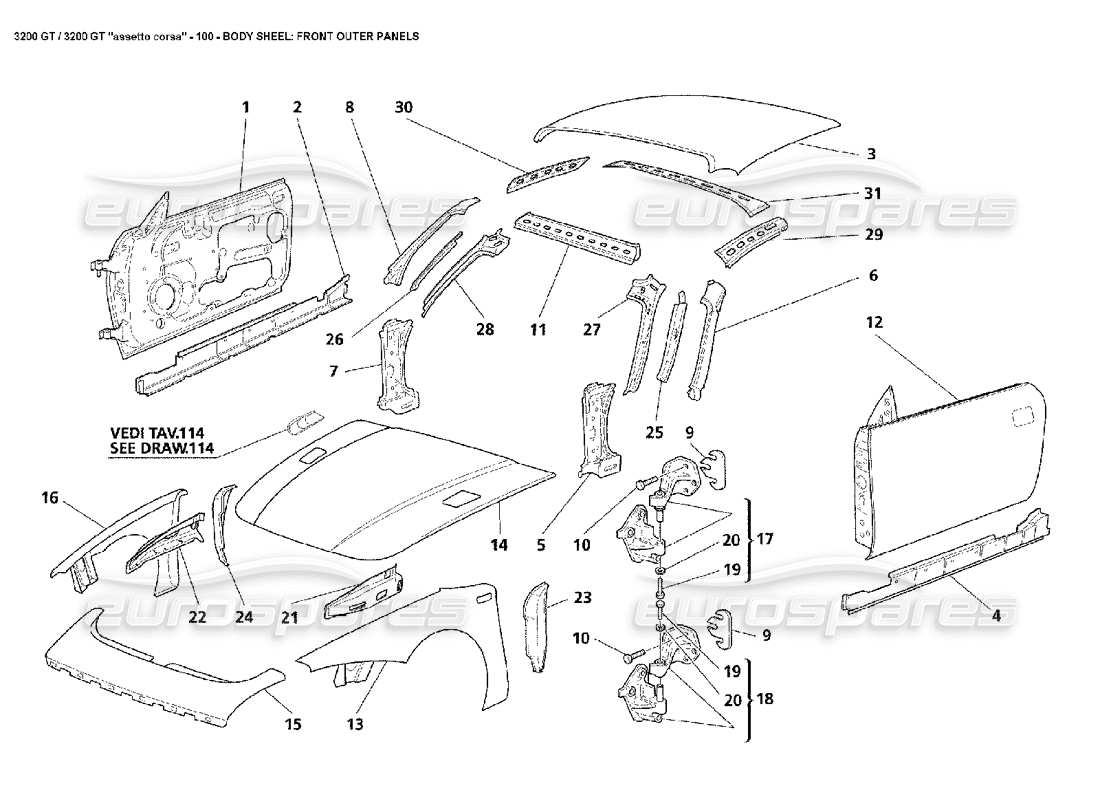 maserati 3200 gt/gta/assetto corsa body: front outer panels part diagram