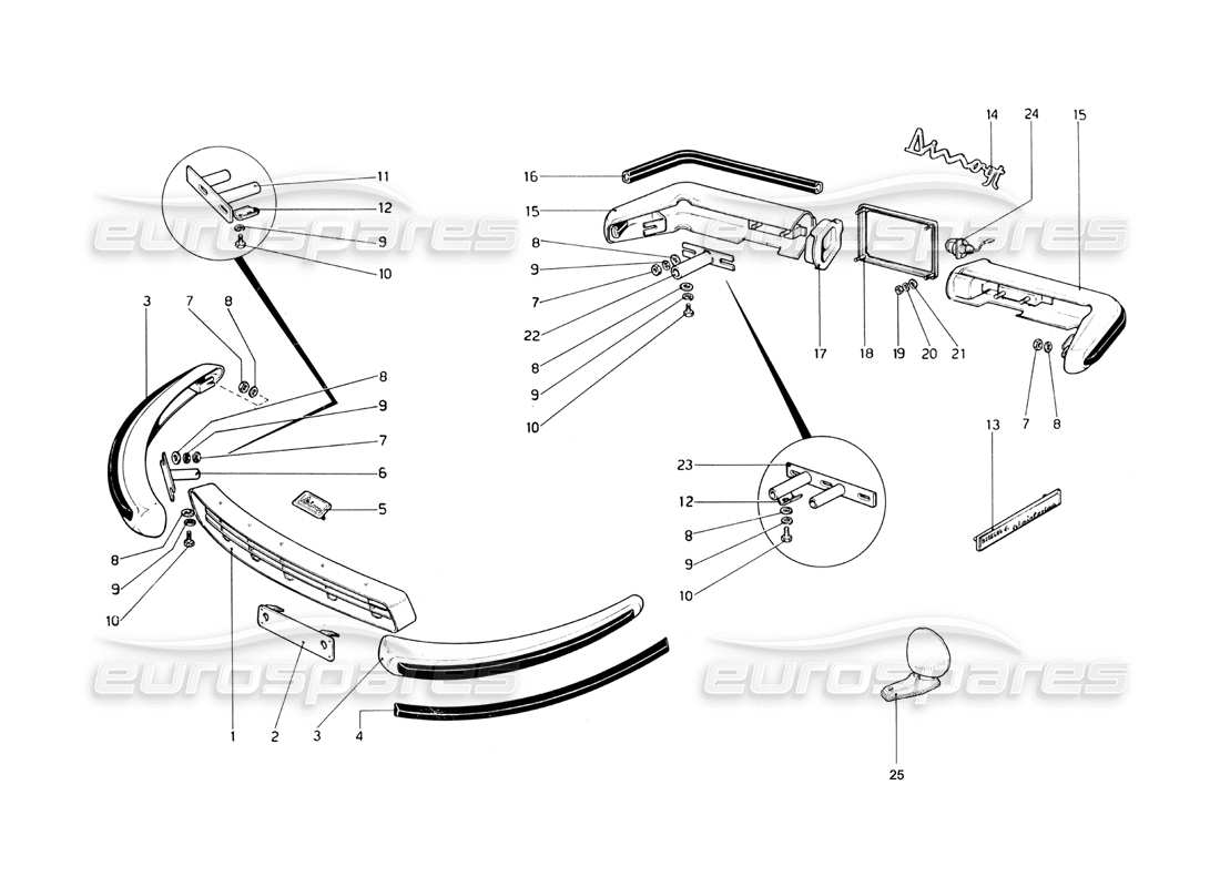 ferrari 246 dino (1975) bumpers and mouldings part diagram