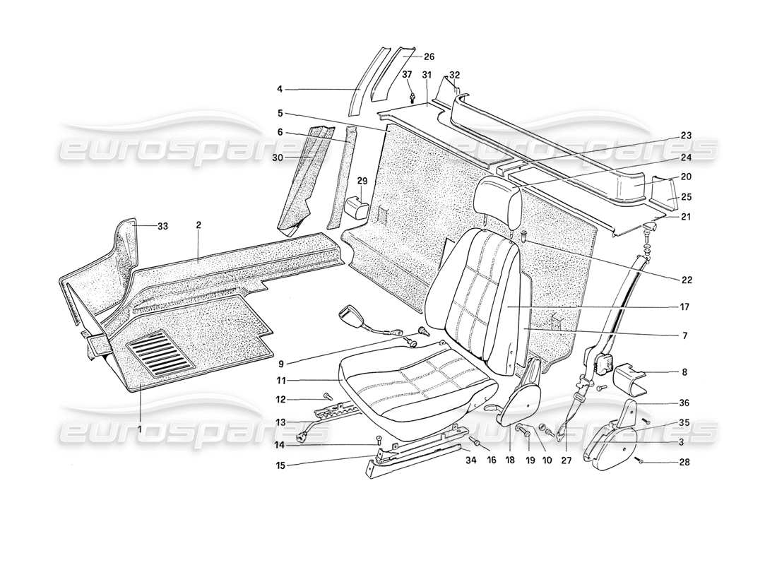 ferrari 208 turbo (1989) interior trim, accessories and seats part diagram