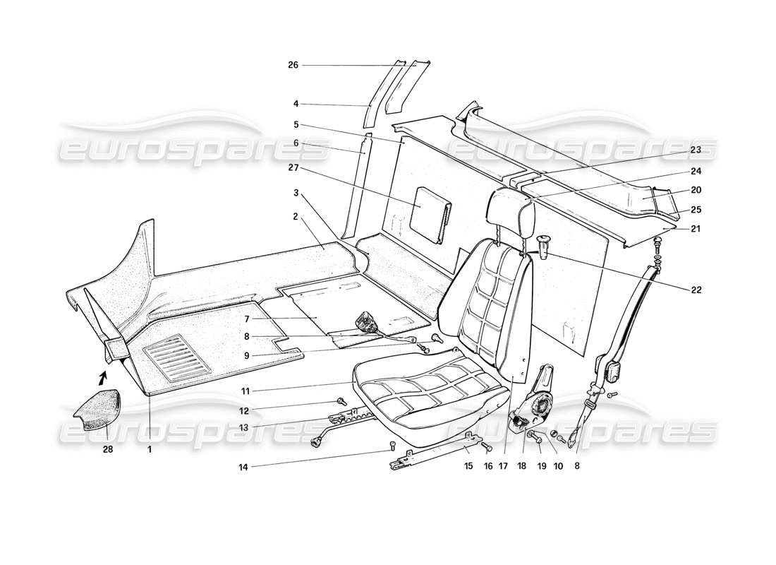 ferrari 308 (1981) gtbi/gtsi interior trim, accessories and seats part diagram