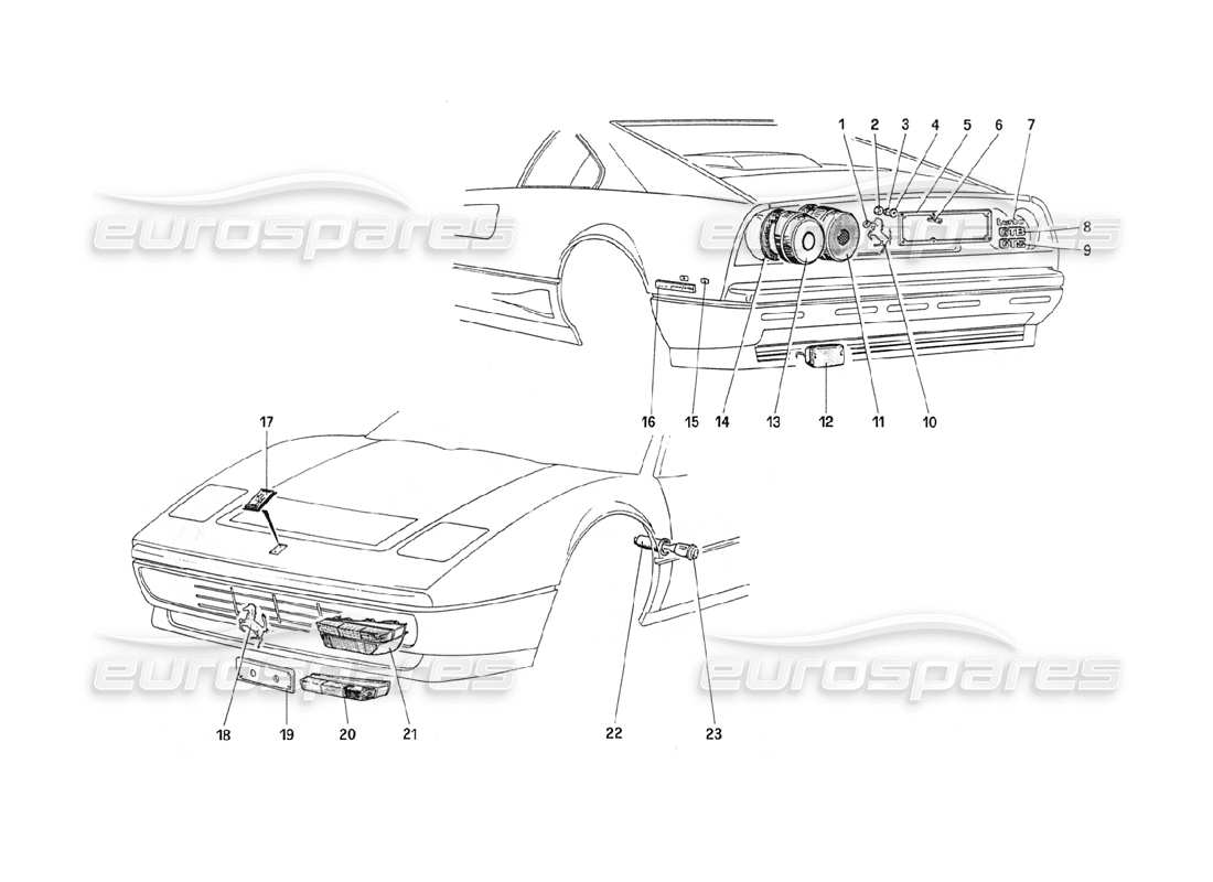 ferrari 208 turbo (1989) external lights and moulding part diagram