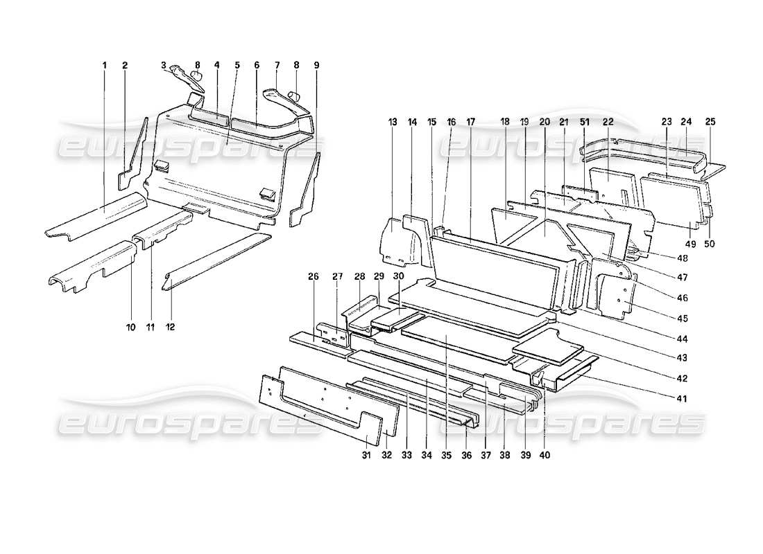 ferrari 208 turbo (1989) luggage and passenger compart. insulation part diagram