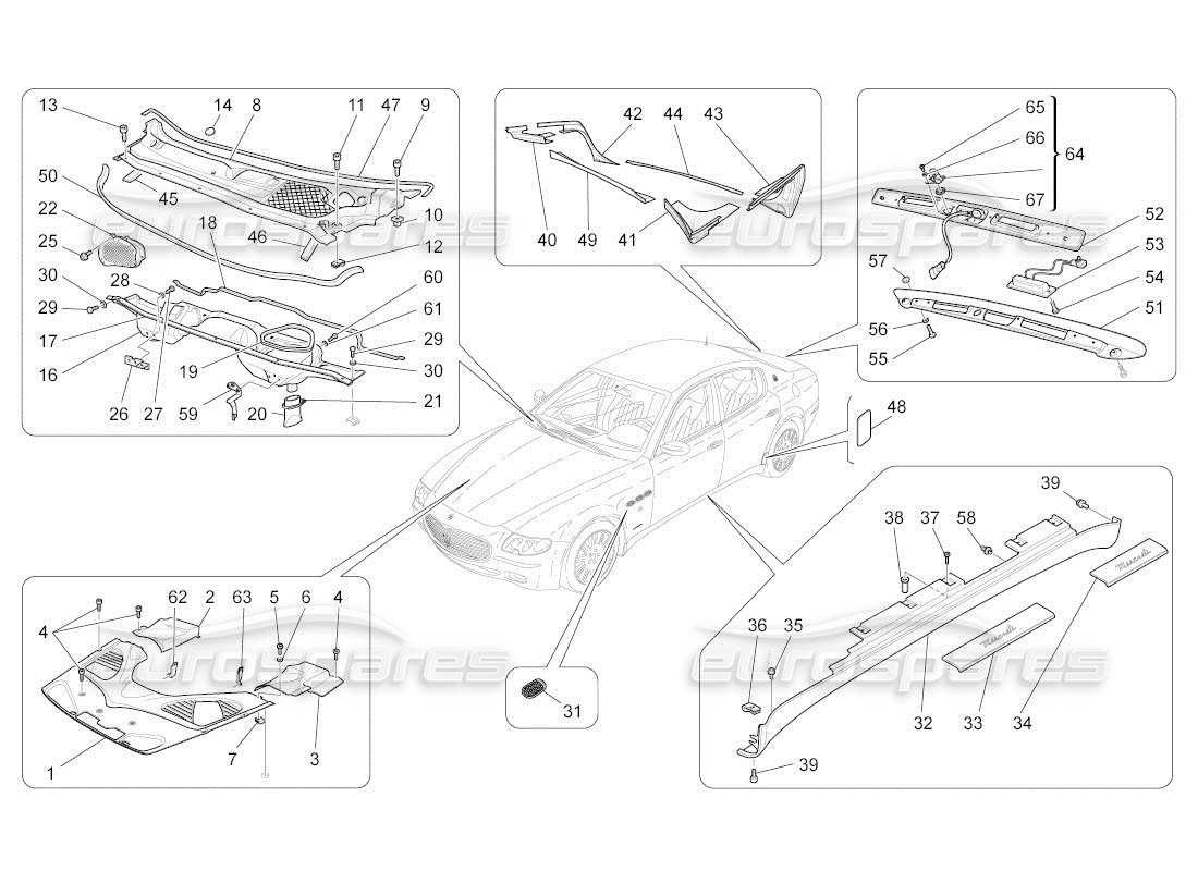 maserati qtp. (2011) 4.7 auto shields, trims and covering panels part diagram