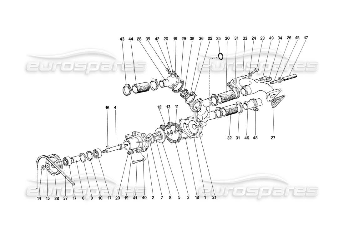 ferrari 208 turbo (1989) water pump and pipings part diagram