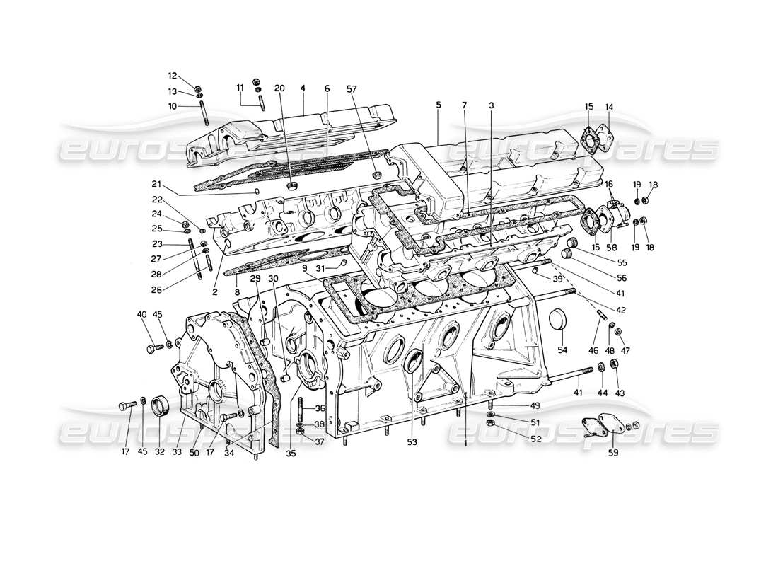 ferrari 246 dino (1975) crankcase and cylinder heads part diagram