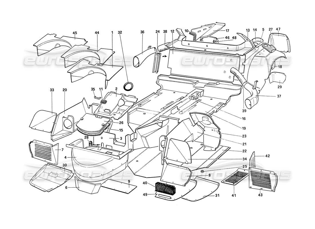 ferrari 208 turbo (1989) body shell - inner elements part diagram