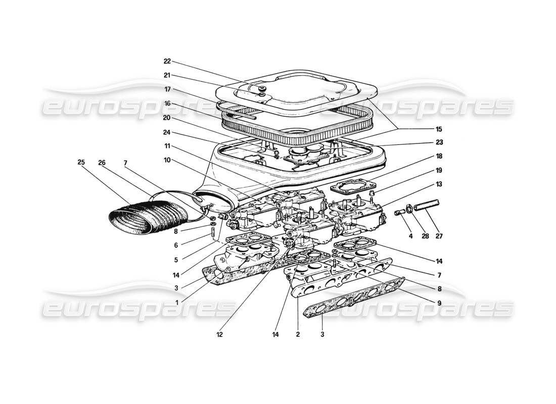 ferrari 308 gtb (1980) carburettors and air cleaner part diagram