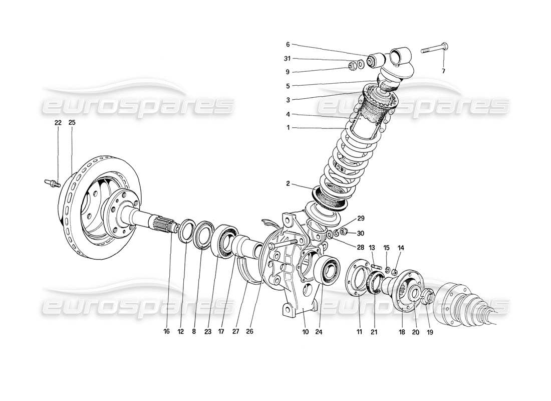 ferrari 208 turbo (1989) rear suspension - shock absorber and brake disc (up to car no. 76625) part diagram