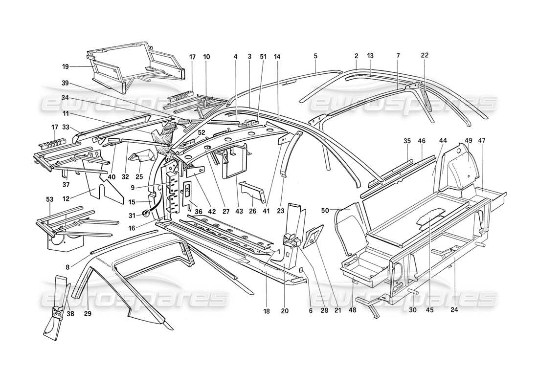 ferrari 208 turbo (1989) body shell - inner elements part diagram