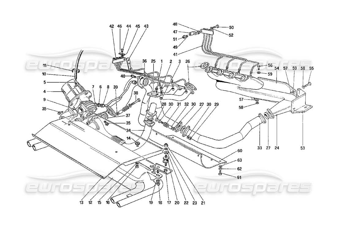 ferrari 208 turbo (1989) exhaust system part diagram