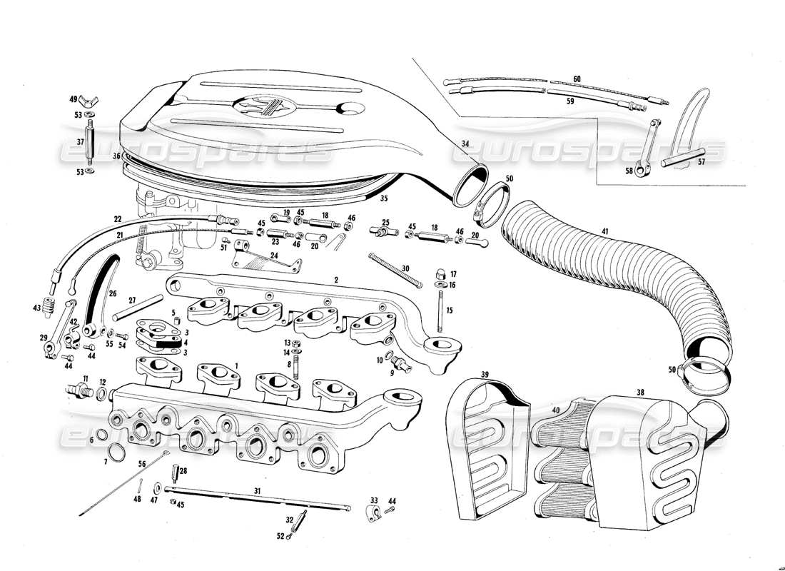 maserati qtp.v8 4.7 (s1 & s2) 1967 air intake manfold and filter part diagram