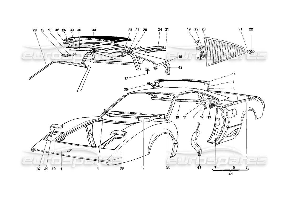 ferrari 208 turbo (1989) body shell - outer elements part diagram