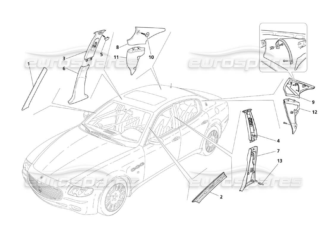 maserati qtp. (2003) 4.2 side flank and passengers compartment pillar upholstery part diagram