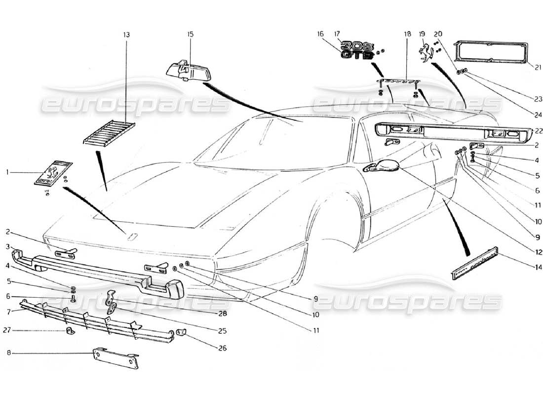 ferrari 308 gtb (1976) bumpers and mouldings part diagram