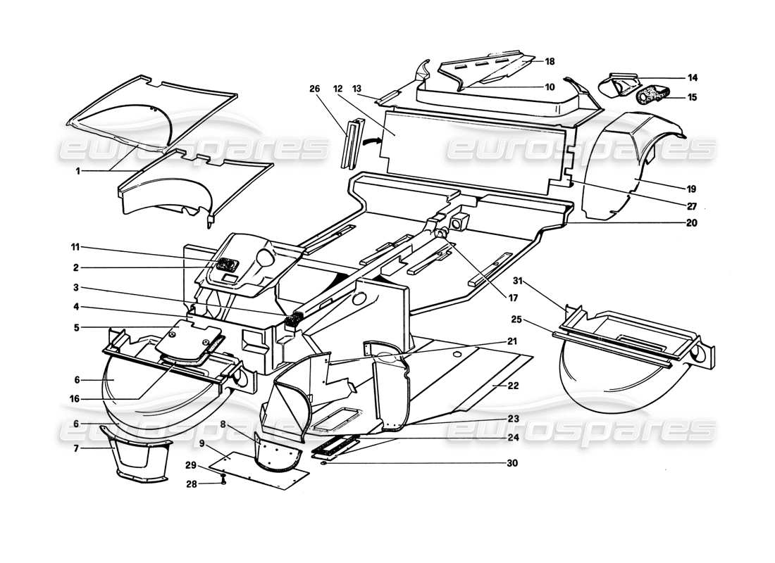 ferrari 308 gtb (1980) body shell - inner elements part diagram